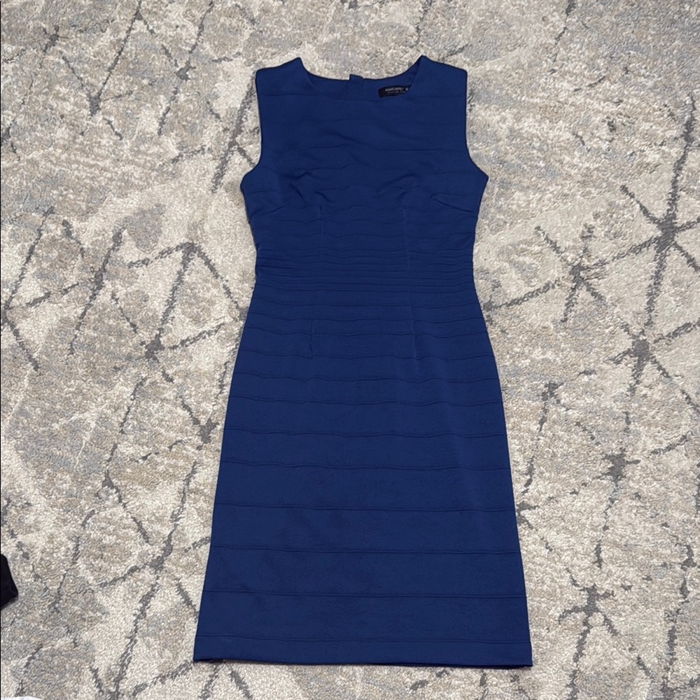 Margaret M Blue Sheath Midi Dress Crew Neck Sleeveless